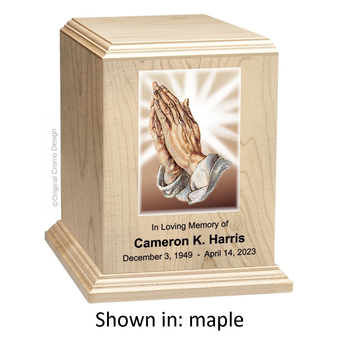 Catholic cremation urn with Praying Hands  Wood finish by Cromo NB