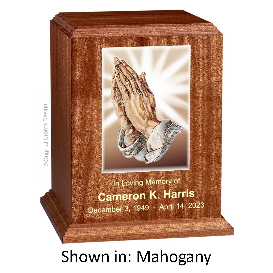Catholic cremation urn with Praying Hands  Wood finish by Cromo NB