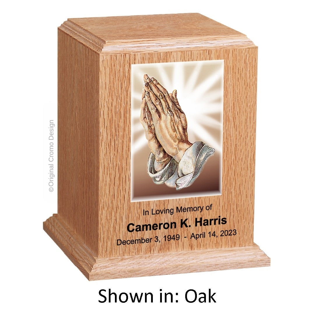 Catholic cremation urn with Praying Hands  Wood finish by Cromo NB