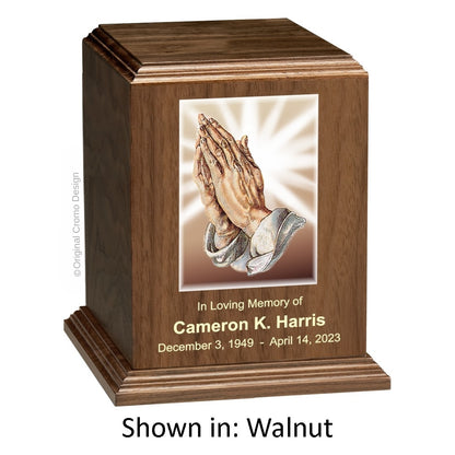 Catholic cremation urn with Praying Hands  Wood finish by Cromo NB