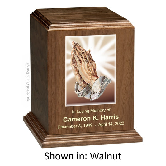 Catholic cremation urn with Praying Hands  Wood finish by Cromo NB