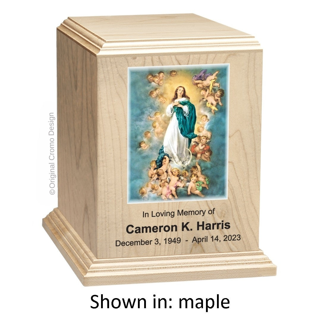 Catholic cremation urn with Immaculate Conception  Wood finish by Cromo NB