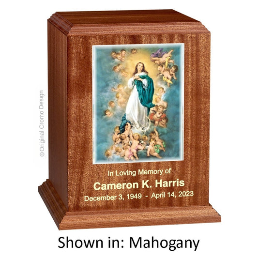 Catholic cremation urn with Immaculate Conception  Wood finish by Cromo NB