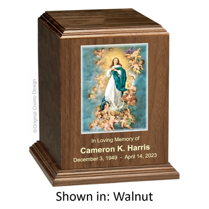 Catholic cremation urn with Immaculate Conception  Wood finish by Cromo NB