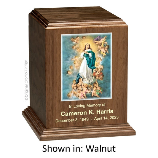 Catholic cremation urn with Immaculate Conception  Wood finish by Cromo NB