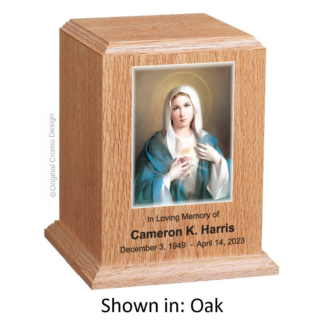 Catholic cremation urn with Mystical Rose  Wood finish by Cromo NB