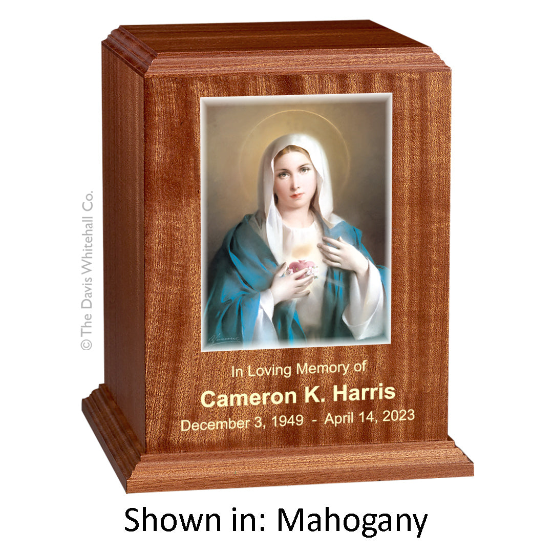 Catholic cremation urn with Immaculate Heart of Mary  Wood finish by Cromo NB