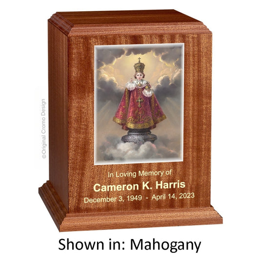 Catholic cremation urn with Infant of Prague  Wood finish by Cromo NB