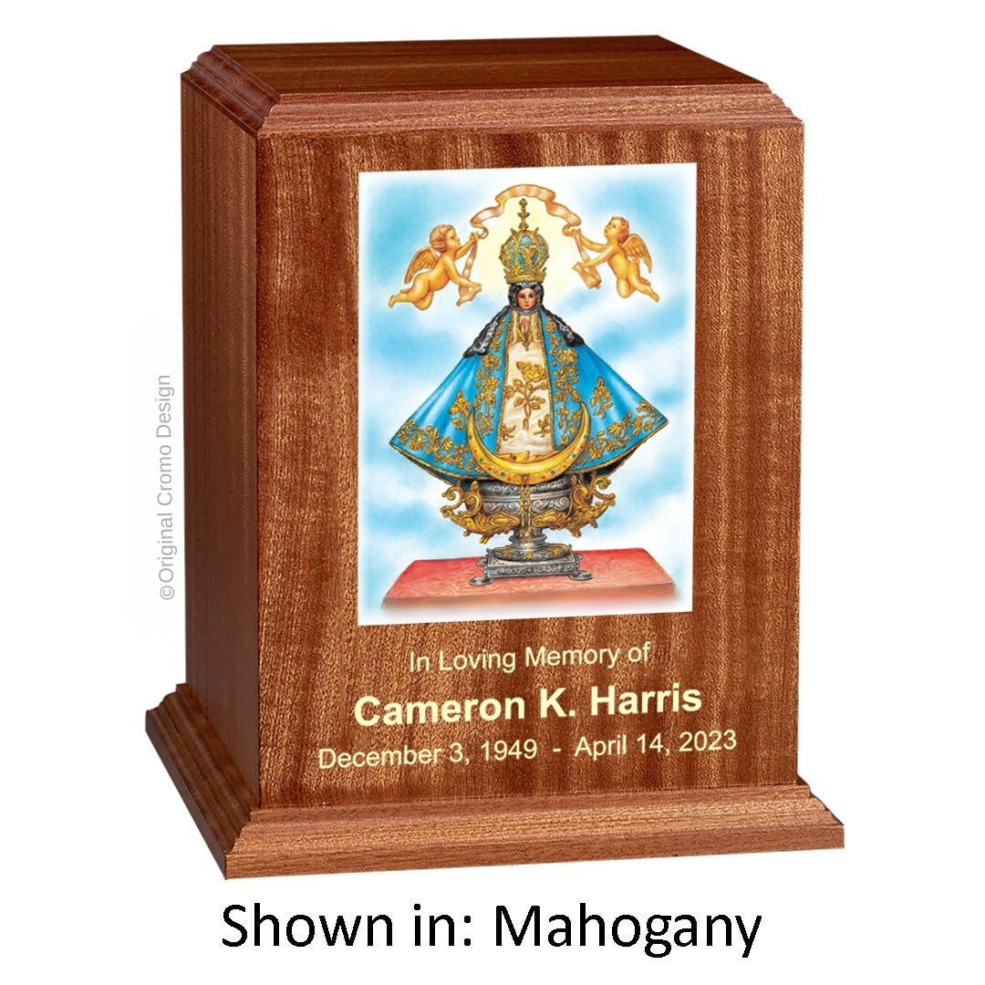 Catholic cremation urn with Our Lady of San Juan de Lagos  Wood finish by Cromo NB