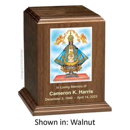 Catholic cremation urn with Infant of Prague  Wood finish by Cromo NB