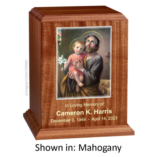Catholic cremation urn with Saint Joseph  Wood finish by Cromo NB