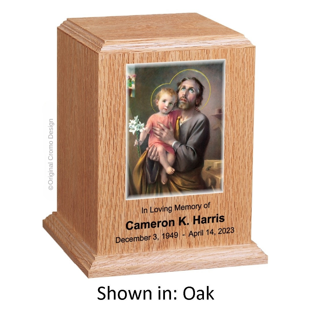 Catholic cremation urn with Our Lady of San Juan de Lagos  Wood finish by Cromo NB