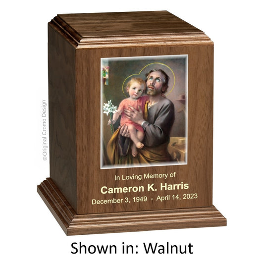 Catholic cremation urn with Our Lady of San Juan de Lagos  Wood finish by Cromo NB
