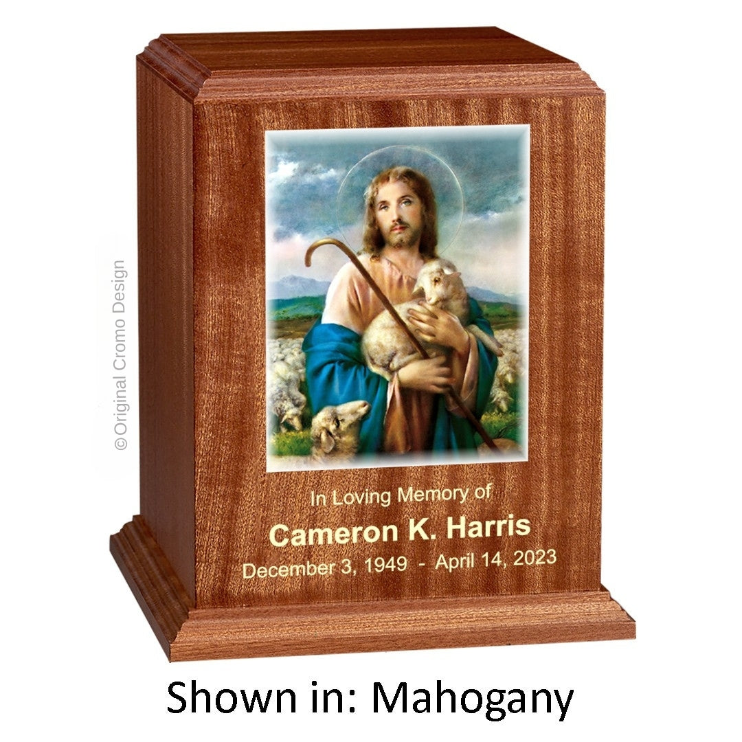 Catholic cremation urn with Jesus Shepherd  Wood finish by Cromo NB