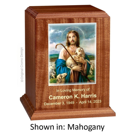 Catholic cremation urn with Jesus Shepherd  Wood finish by Cromo NB