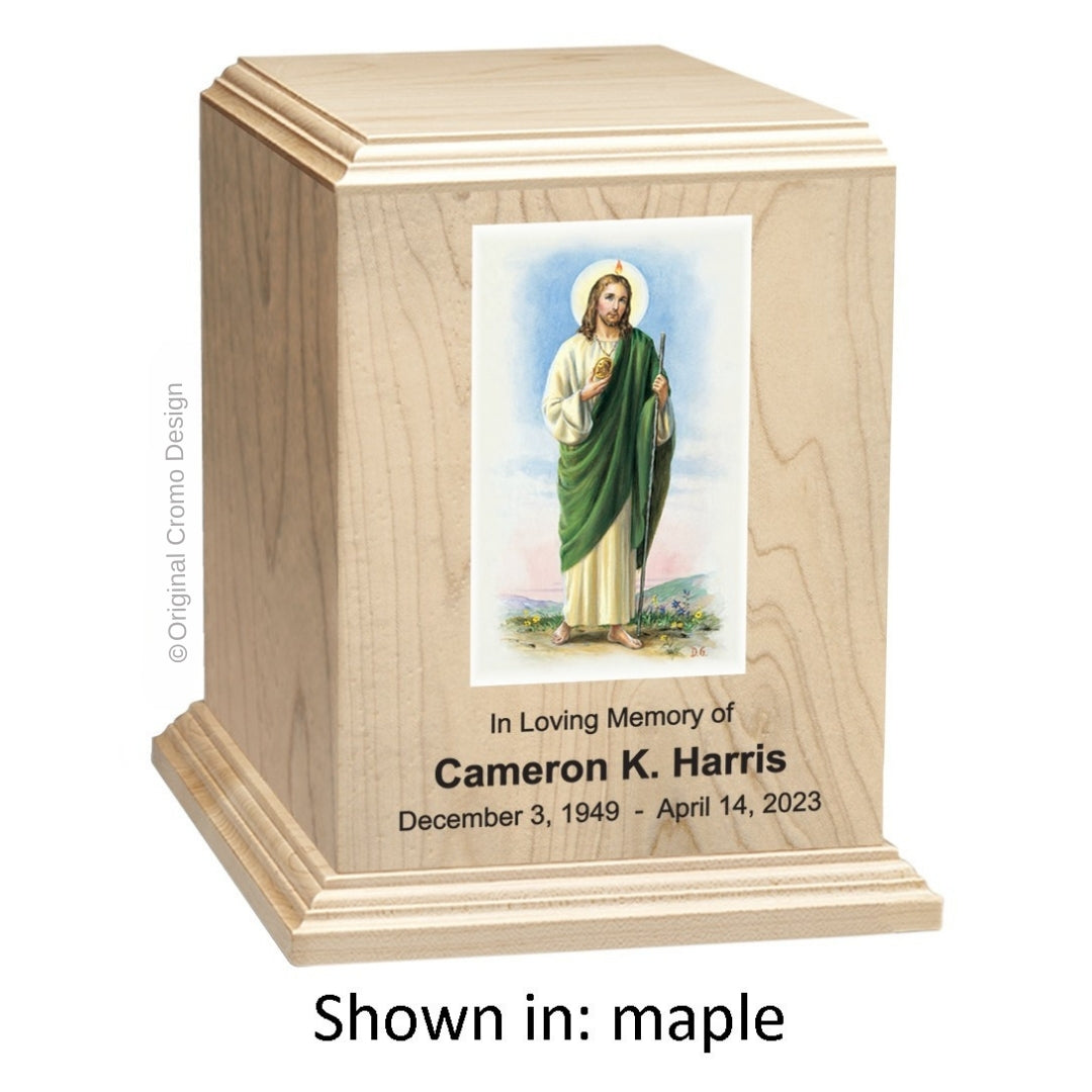 Catholic cremation urn with Jesus Shepherd  Wood finish by Cromo NB