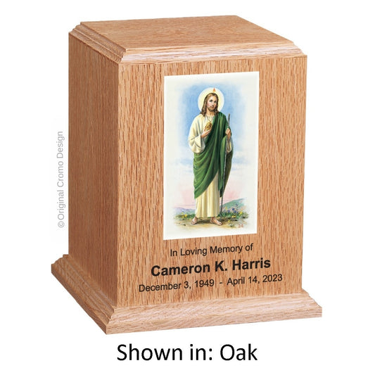Catholic cremation urn with Jesus Shepherd  Wood finish by Cromo NB