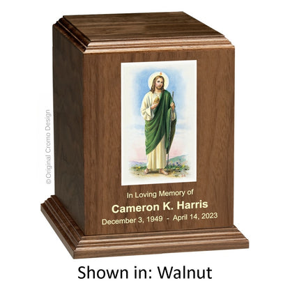 Catholic cremation urn with Jesus Shepherd  Wood finish by Cromo NB