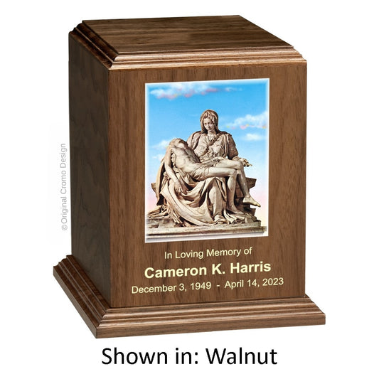Catholic cremation urn with Our Lady of Lourdes  Wood finish by Cromo NB