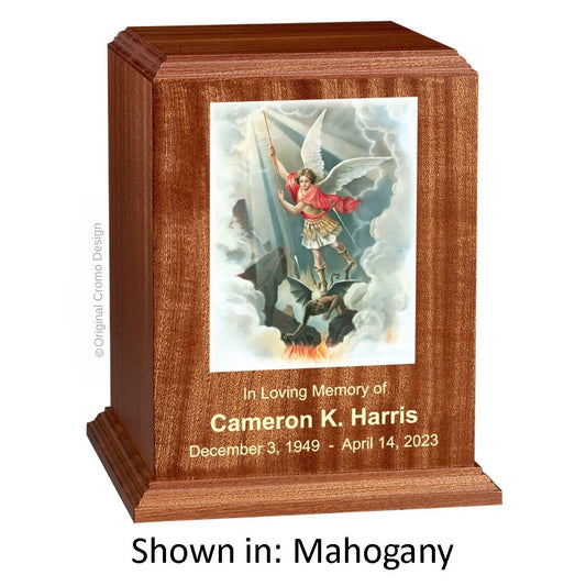 Catholic cremation urn with Madonna of The Street  Wood finish by Cromo NB