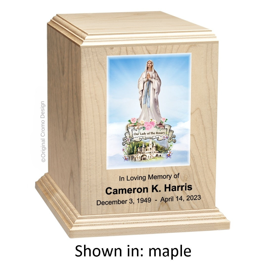 Catholic cremation urn with Madonna of The Street  Wood finish by Cromo NB