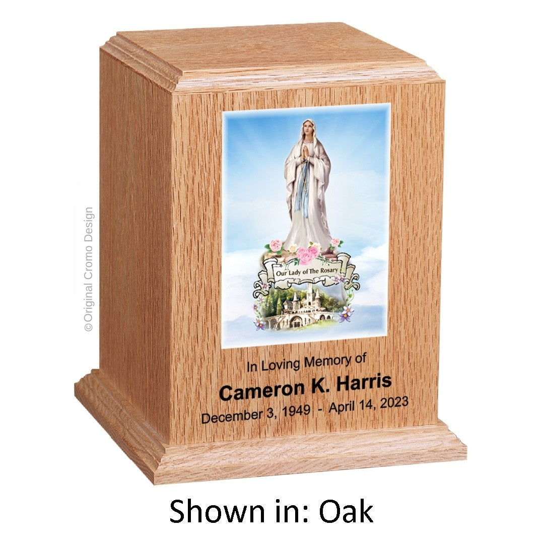 Catholic cremation urn with Madonna of The Street  Wood finish by Cromo NB