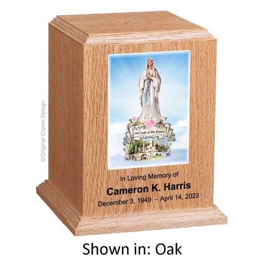 Catholic cremation urn with Madonna of The Street  Wood finish by Cromo NB