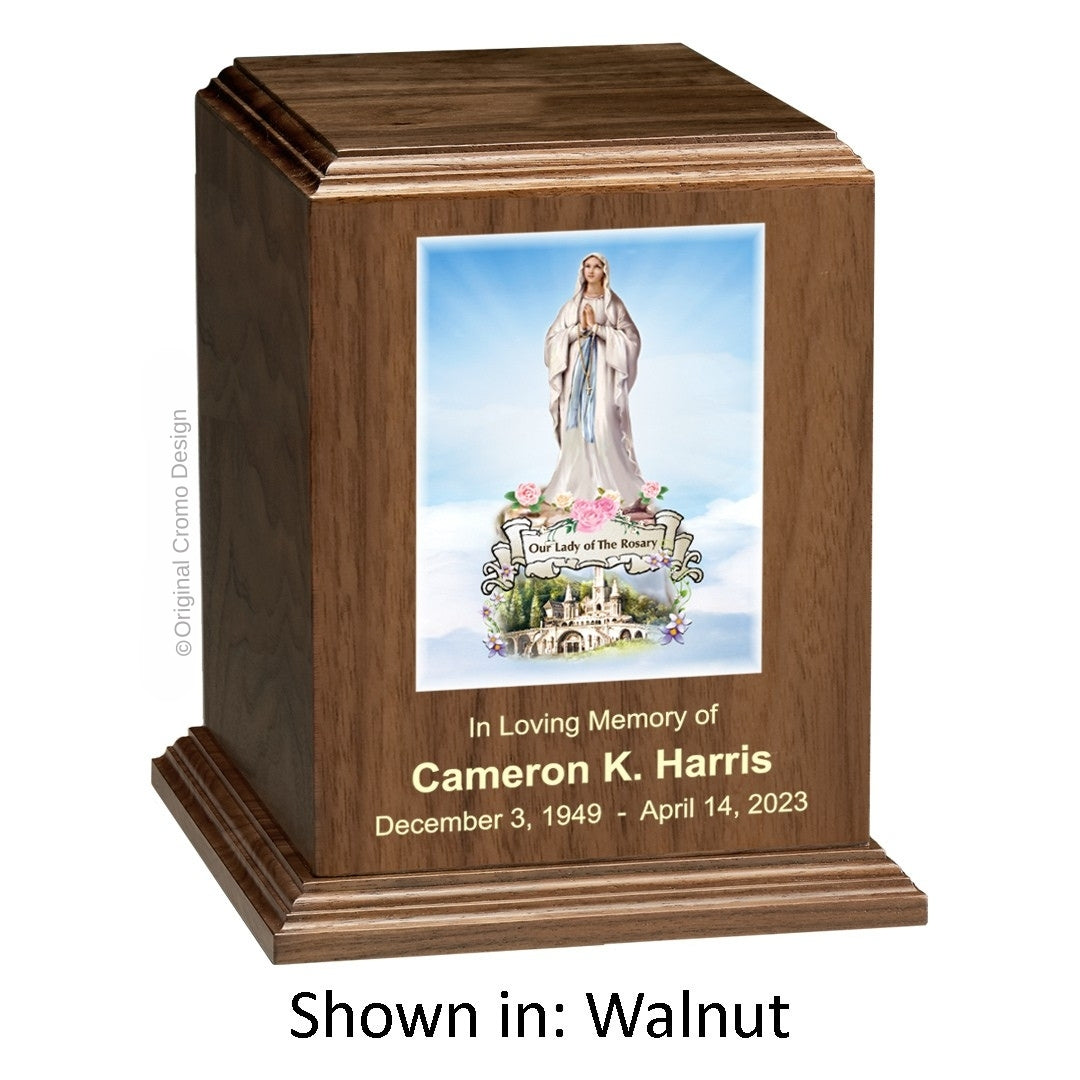 Catholic cremation urn with Madonna of The Street  Wood finish by Cromo NB
