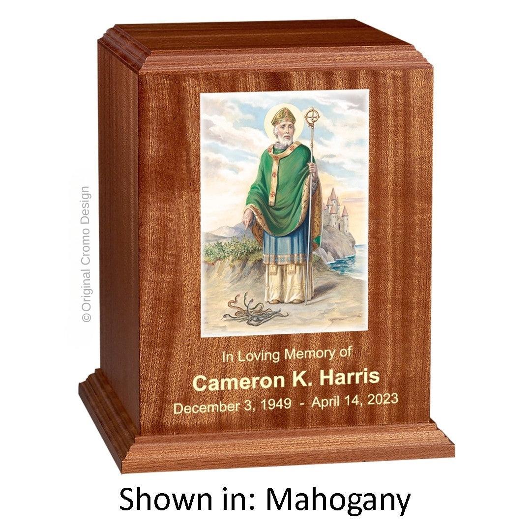 Catholic cremation urn with Saint Michael Archangel  Wood finish by Cromo NB