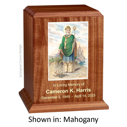 Catholic cremation urn with Saint Michael Archangel  Wood finish by Cromo NB