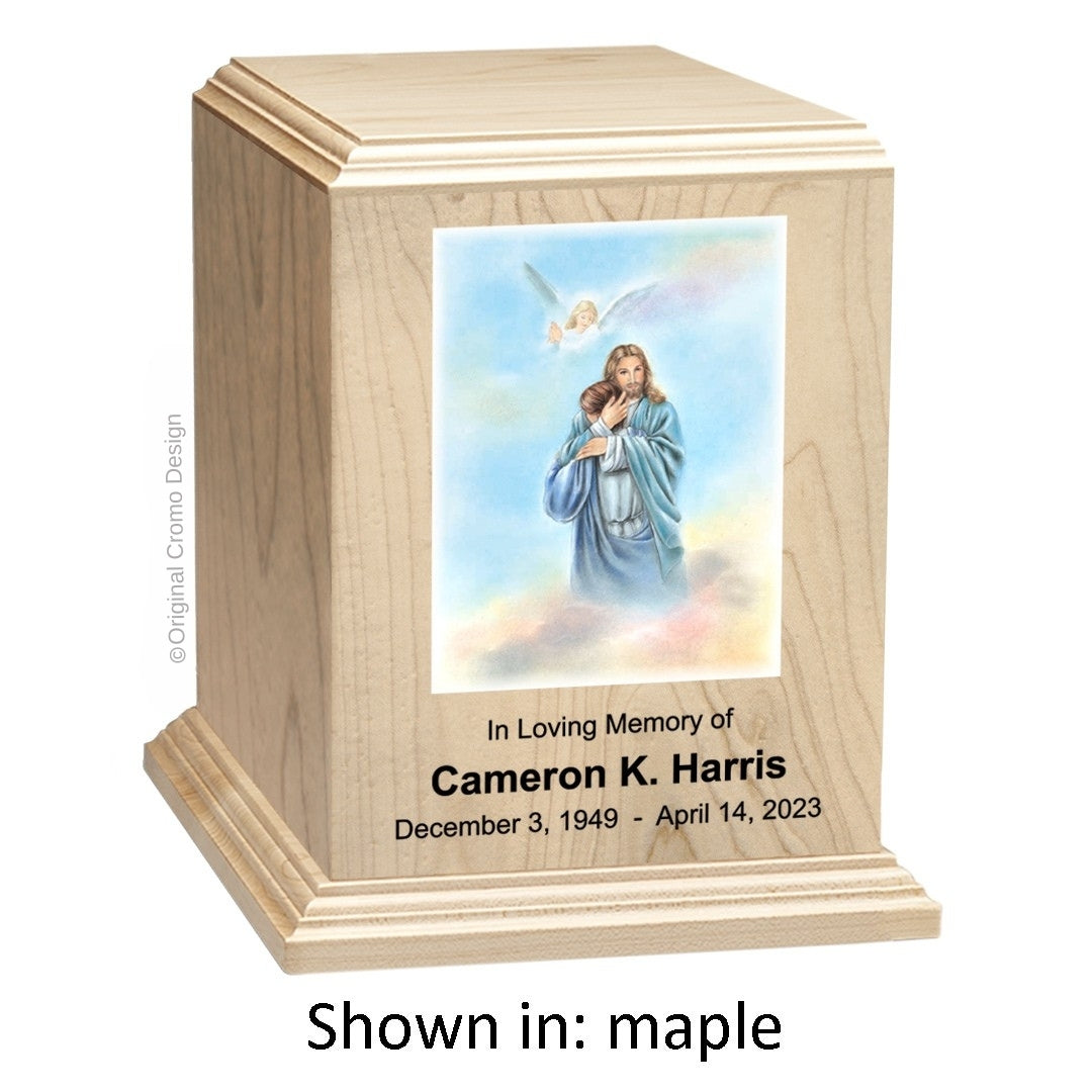 Catholic cremation urn with Saint Michael Archangel  Wood finish by Cromo NB