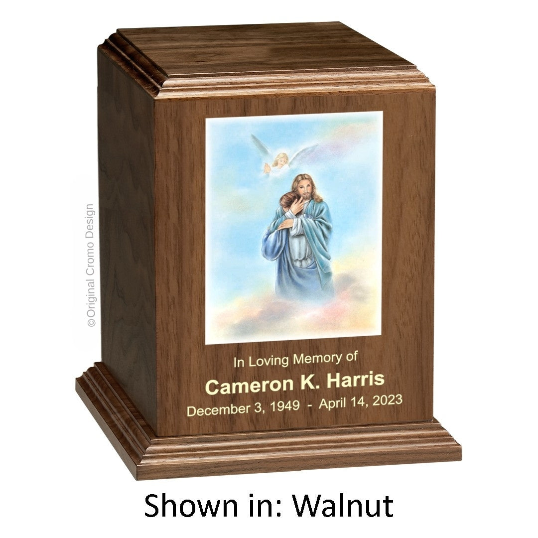 Catholic cremation urn with Saint Michael Archangel  Wood finish by Cromo NB
