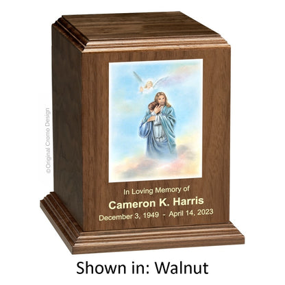 Catholic cremation urn with Saint Michael Archangel  Wood finish by Cromo NB