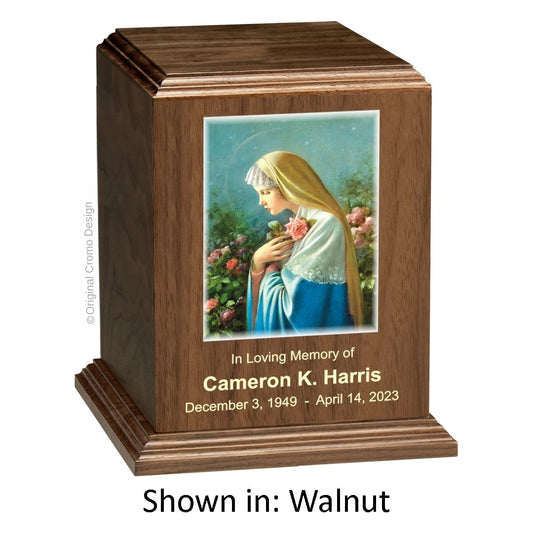 Catholic cremation urn with Our Lady of the Rosary  Wood finish by Cromo NB