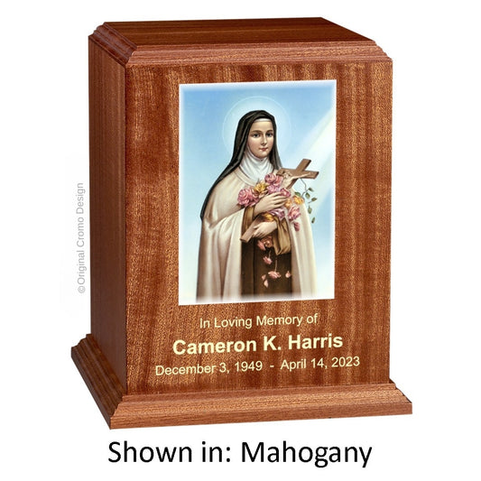 Catholic cremation urn with Mystical Rose  Wood finish by Cromo NB