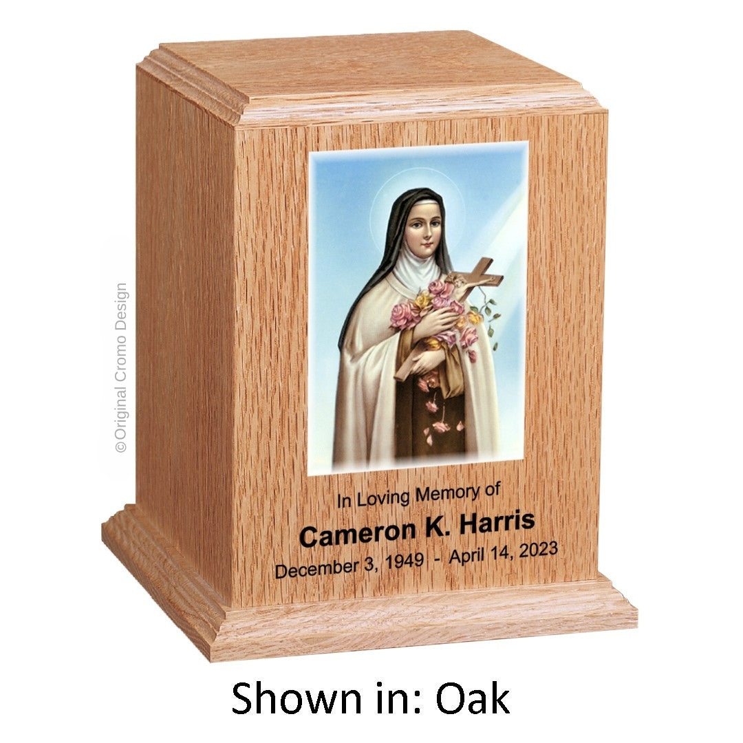 Catholic cremation urn with Paradise Jesus Hugging  Wood finish by Cromo NB