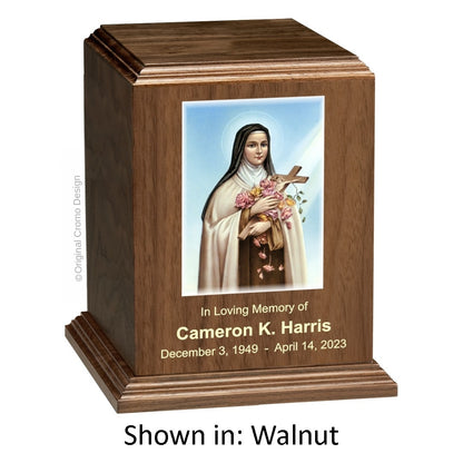 Catholic cremation urn with Mystical Rose  Wood finish by Cromo NB