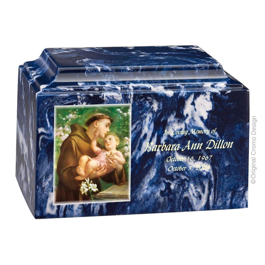Catholic cremation urn with Saint Anthony  Blue finish by Cromo NB