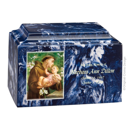Catholic cremation urn with Saint Anthony  Blue finish by Cromo NB