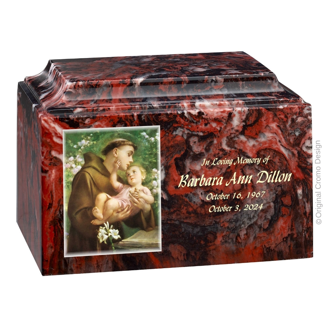 Catholic cremation urn with Saint Anthony  Redstone finish by Cromo NB