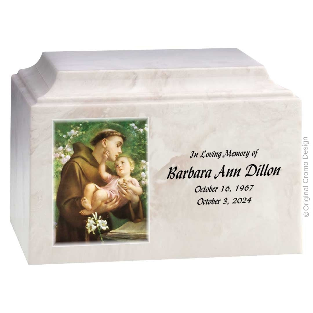 Catholic cremation urn with Saint Anthony  White finish by Cromo NB