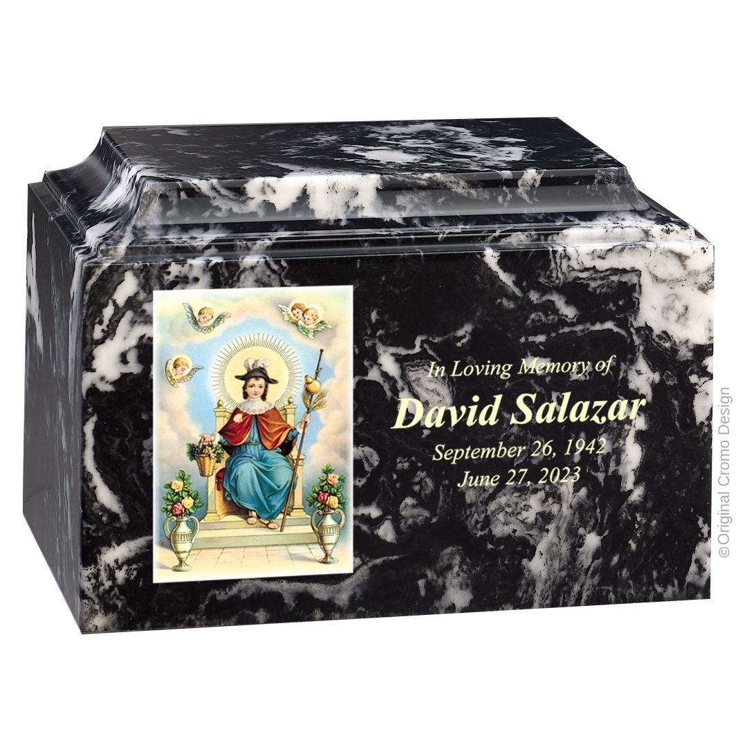 Catholic cremation urn with Child of Atocha  Wood finish by Cromo NB