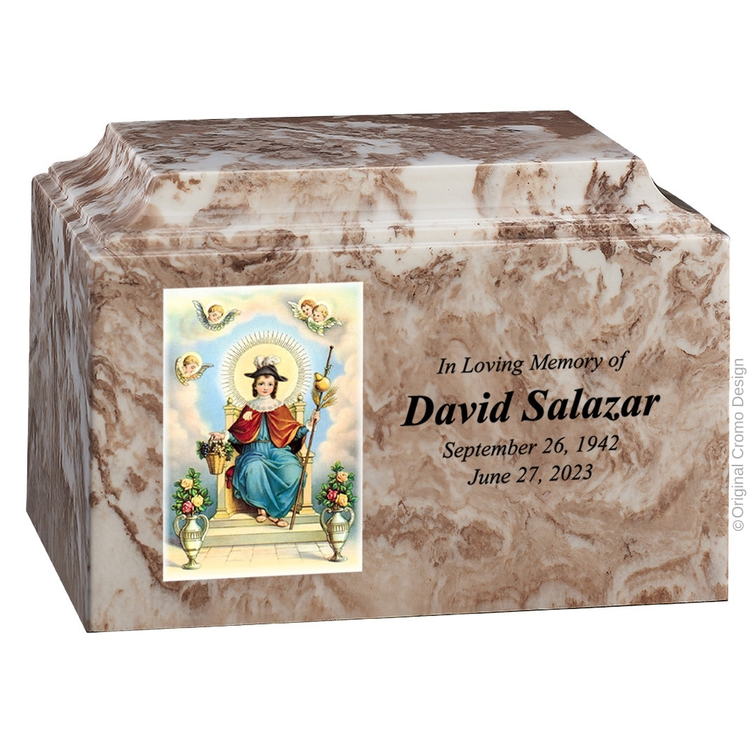 Catholic cremation urn with Child of Atocha  Wood finish by Cromo NB