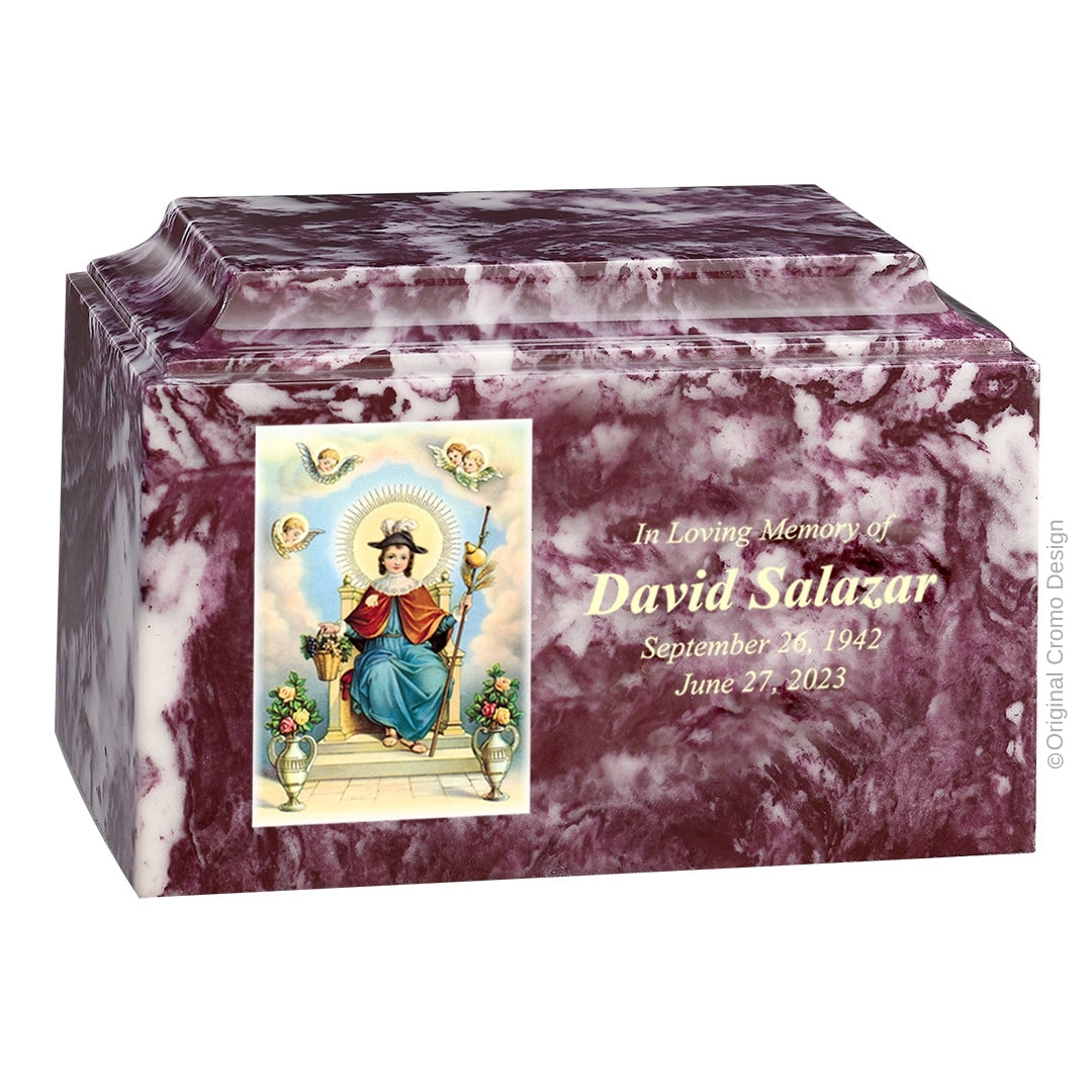 Catholic cremation urn with Child of Atocha  Wood finish by Cromo NB