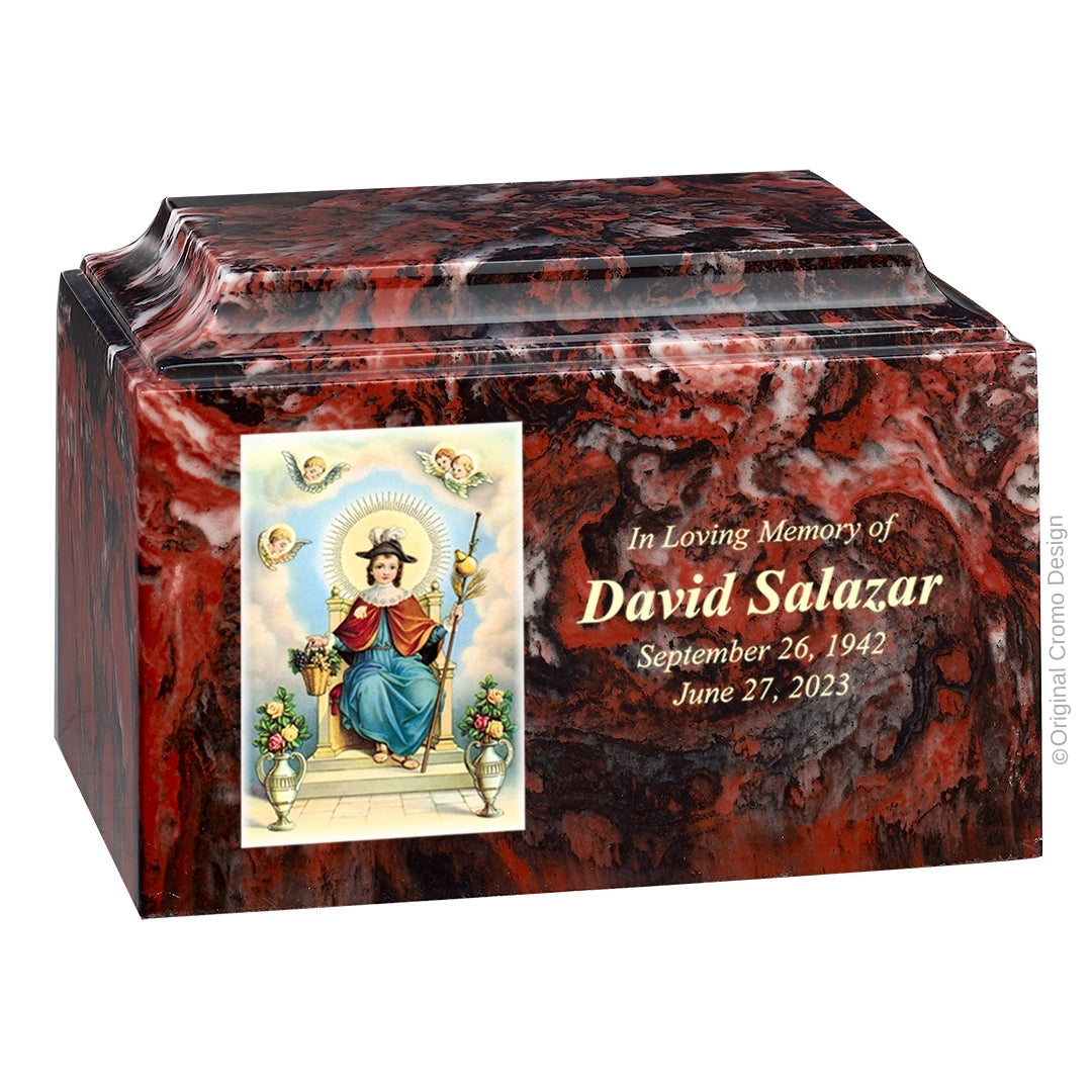 Catholic cremation urn with Child of Atocha  Wood finish by Cromo NB