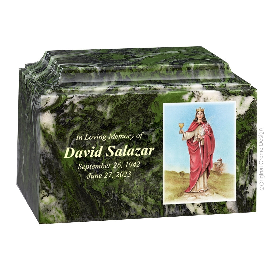 Catholic cremation urn with Our Lady of Santa Barbara  Wood finish by Cromo NB