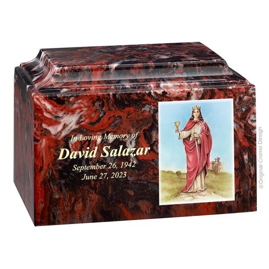 Catholic cremation urn with Our Lady of Santa Barbara  Wood finish by Cromo NB