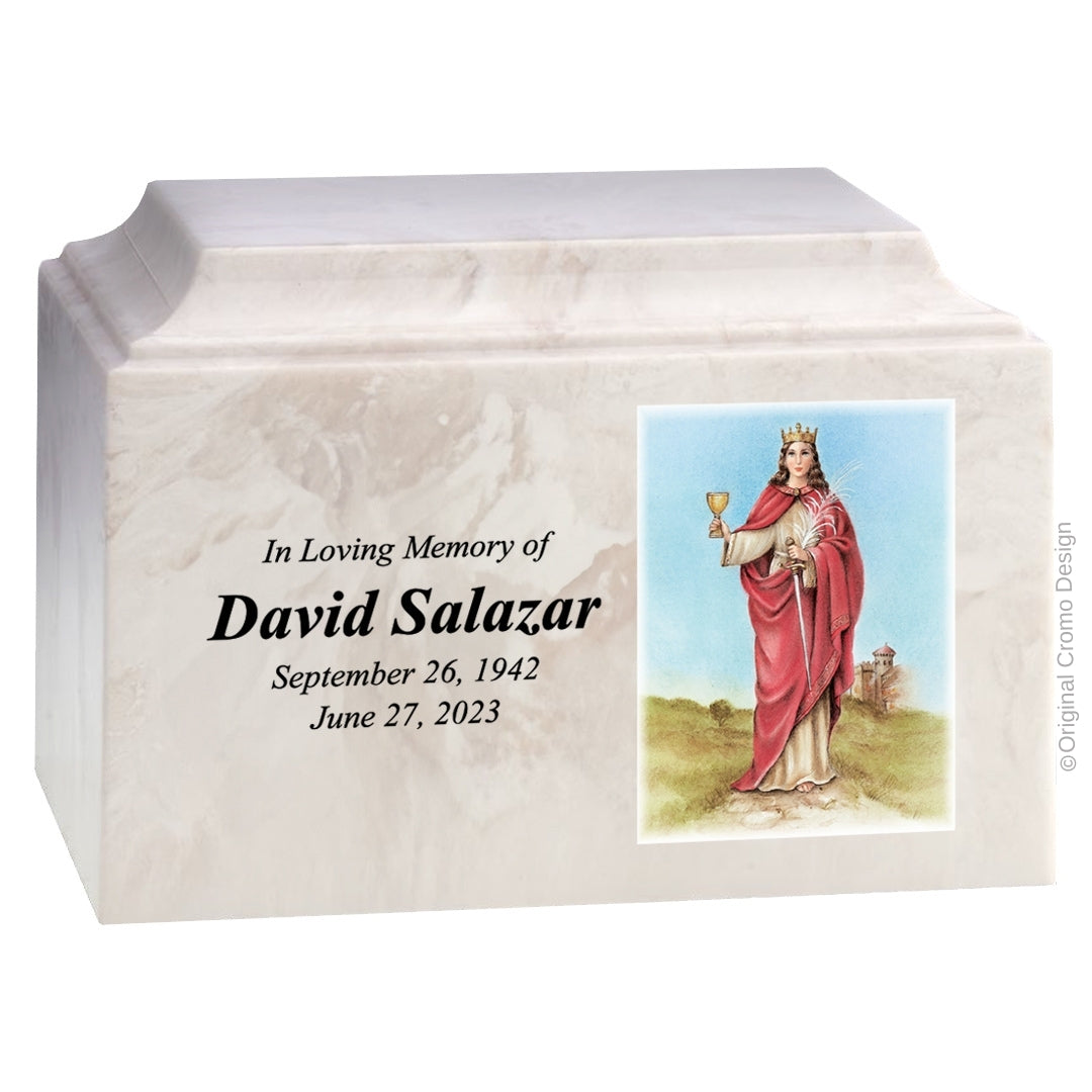 Catholic cremation urn with Our Lady of Santa Barbara  Wood finish by Cromo NB