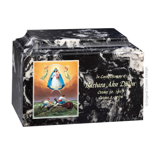 Catholic cremation urn with Our Lady of Charity  Wood finish by Cromo NB