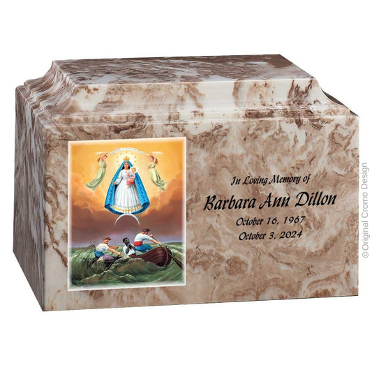 Catholic cremation urn with Our Lady of Charity  Wood finish by Cromo NB